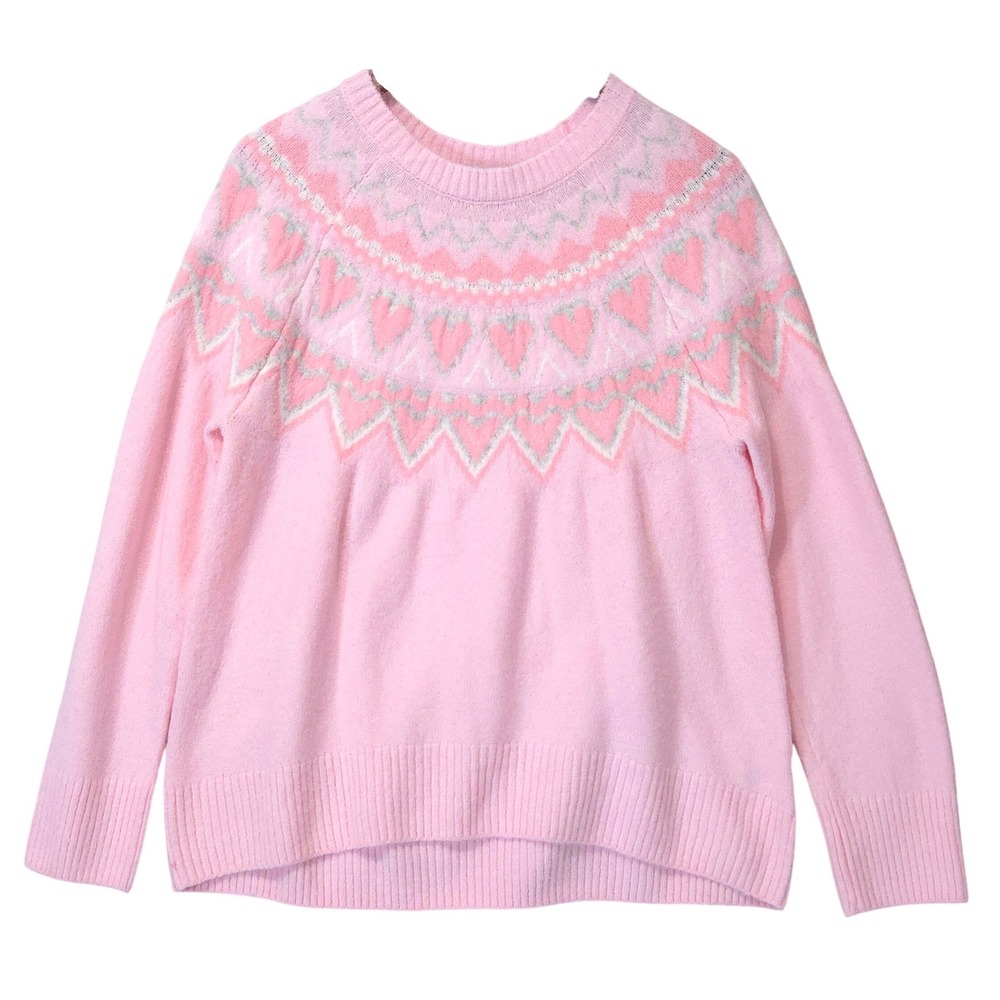CeCe Heart Fair Isle Knit Sweater Womens M Pink Crew Neck Coquette Girly Cozy